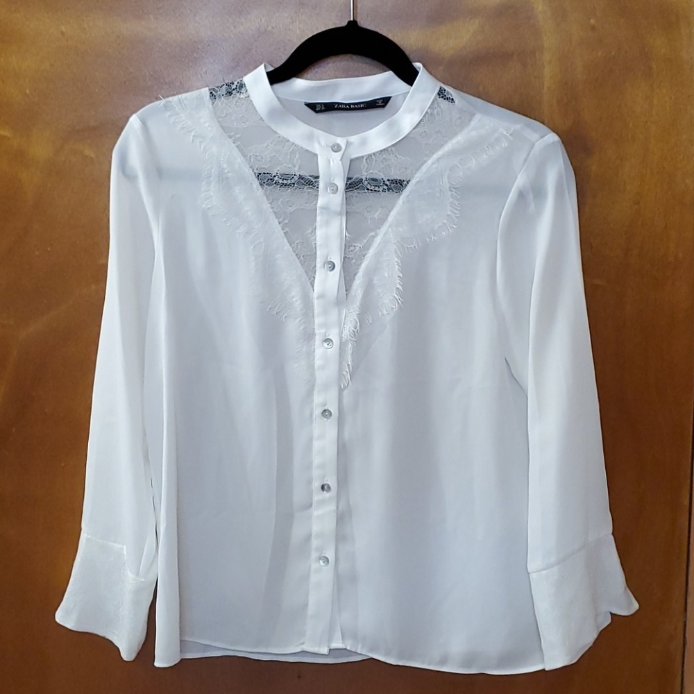 Zara women's white blouse with lace fringe detail